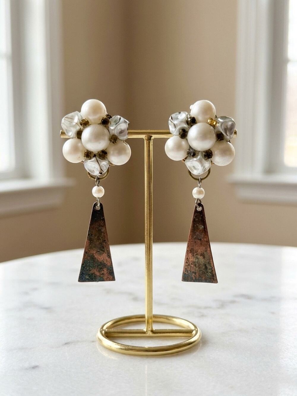 Vintage Hong Kong Faux Pearl Clip-On Dangle Earrings 2.25”
